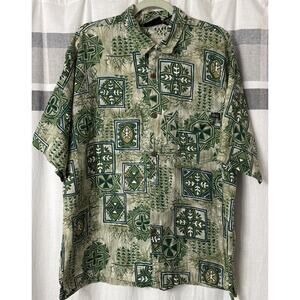 Vintage Gotcha Shirt Men’s Large 90s Hawaiian Print Tiki Green *Missing Button*